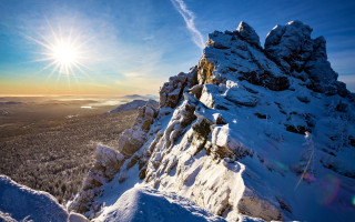 Mountain sun snow trees lake 2 - covered mountain free wallpaper