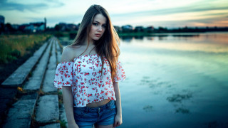 Woman beach sunset blowing hair - her shirt free wallpaper