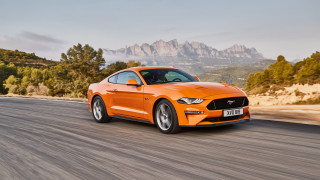 Bright orange mustang mountains trees - the background and trees free wallpaper