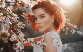 Redhair whiteDress flowerTree sunflare autumn - art nouveau free wallpaper