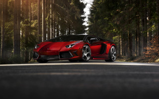 Red sports car driving woods 2 - the car free wallpaper