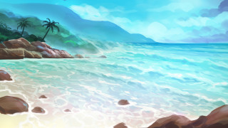 Beach palm cliff blue sky - a painting of a beach free wallpaper