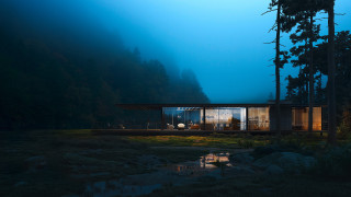 House woods lake night fog - vray free wallpaper