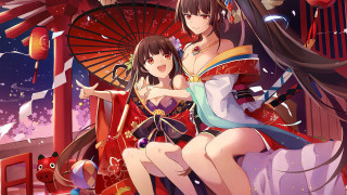 Anime girls bench umbrella cherry - fan qi free wallpaper for desktop