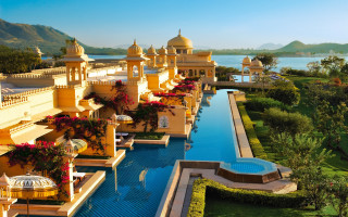 Large pool yellow buildings lake 3 - large free wallpaper