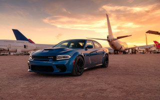 Blue dodge charger airport sunset - ultra wide angle free wallpaper