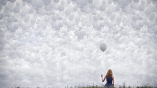 Woman blue dress white balloon - over her free wallpaper