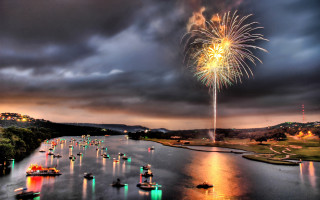Fireworks river cityscape clouds dusk - art photography free wallpaper