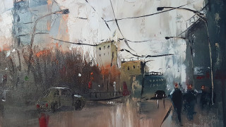 City street people building wires - adrian ghenie free wallpaper