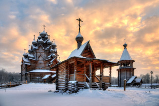 Wooden church snow cross ruins - divinity free wallpaper