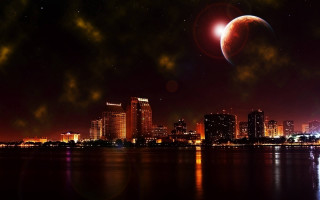 Red moon city skyline night - free cyberpunk wallpaper