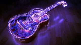 Guitar stickers woodenfloor purplelight neon - sticker free wallpaper