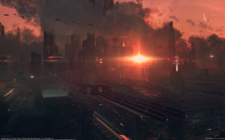 Futuristic city train sunset red 2 - the track free wallpaper