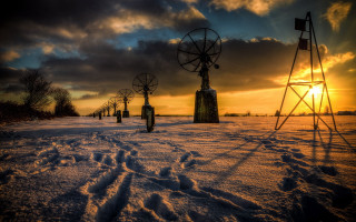 Snowy field windmills dusk landscape - a windmill free wallpaper