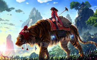 Woman tiger field sky cliff - free sci-fi wallpaper