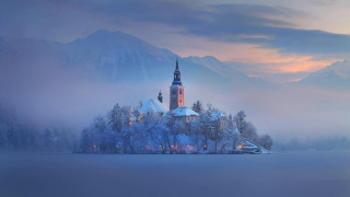 Snowy mountains church matte painting - ferenc joachim free wallpaper