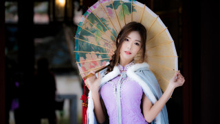 Woman purple dress parasol fan 2 - a white fur free wallpaper