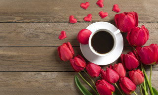 Coffee tulips wooden table romantic - red tulip free wallpaper