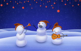 Snowmen instruments night stars snowflakes - the sky above them free wallpaper