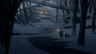 Man horse snowy forest night - his hand and a dog free wallpaper