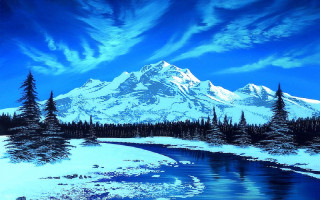 Snowy mountain river trees blue - bob ross free wallpaper