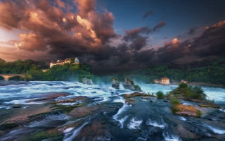 River rapids bridge castle sunset - derold page free wallpaper for desktop