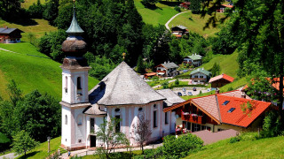 Church green valley trees hills - a steeple free wallpaper