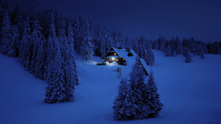 Snowy forest cabin fullmoon night - filip hodas free wallpaper