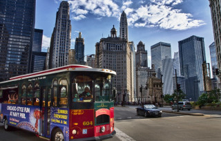Trolley cityscape skyscrapers blue sky - city background free wallpaper