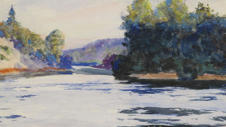 River trees mountain sky water - a painting of a river free wallpaper