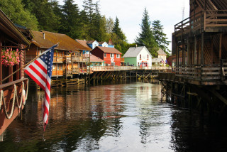 Flag dock river houses bridge - bascove free wallpaper