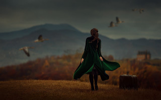 Woman green coat suitcase birds 2 - overhead in the background free wallpaper
