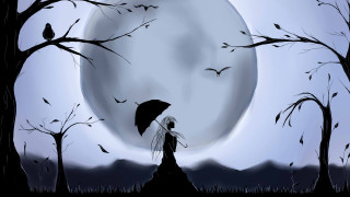 Woman umbrella fullmoon bats anime - bat free wallpaper for desktop