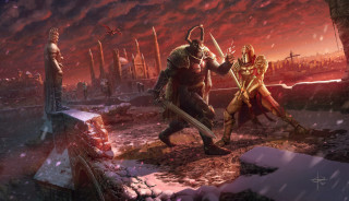 Snowy fight red sky armor - a red sky in the background free wallpaper for desktop