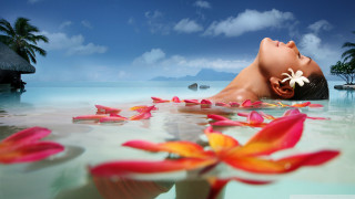 Woman pool flowers island blur - david lachapelle free wallpaper