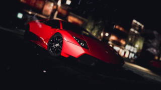 Red sports car night cityscape 5 - photorealistic lighting free wallpaper