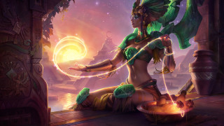 Woman green costume fire lamp - a floor next free wallpaper