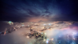 City lights clouds aurora fireworks - free cyberpunk wallpaper