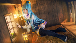 Blue haired woman cosplay sitting - cosplay free wallpaper