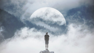 Man rock mountain foggy fullmoon - liam brazier free wallpaper