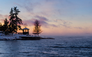 Small island gazebo sunset mist - mist free wallpaper