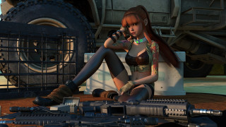 Woman machinegun sitting browneyes longhair - the ground next free wallpaper