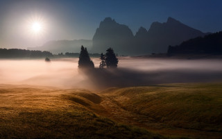 Foggy mountains tree lake sunlight - the fog free wallpaper