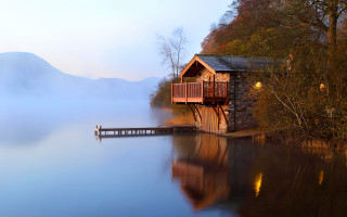 Lake house dock boathouse fog - fog in the air free wallpaper