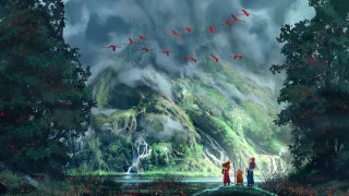 Couple waterfall birds night mountain - matte painting concept art free wallpaper