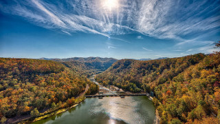 River bridge trees sunset horizon - hdr free wallpaper