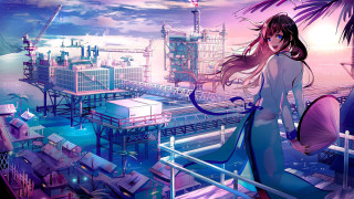 Girl cityscape pink sky cyberpunk - a balcony free wallpaper