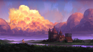 Castle field lake cloudy sky - fantasy concept art free wallpaper