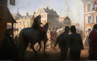 Man horse town square architecture - a painting of a man riding free wallpaper