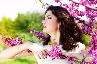 Woman white dress purple flowers 3 - daphne mcclure free wallpaper